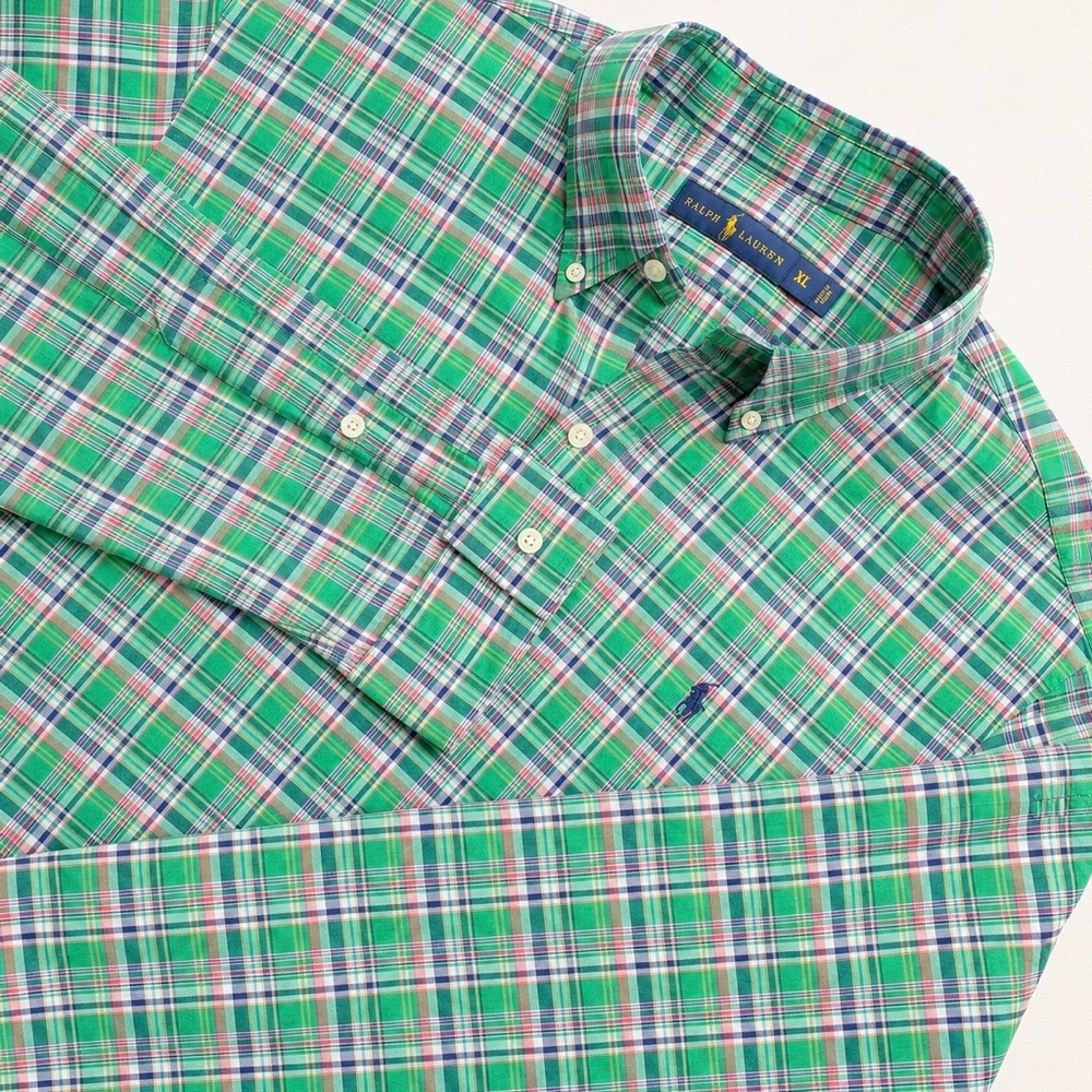 RALPH LAUREN Shirt Men's Extra Large Green Blue Plaid Button Down Prep polo